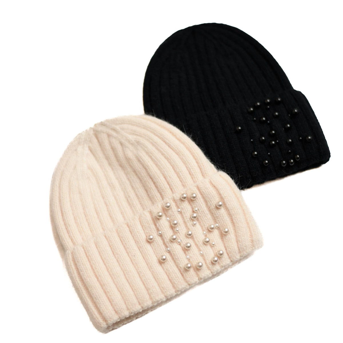 Elegant Cream Beanie with Pearl Accents Knit beanie with pearls main image 2